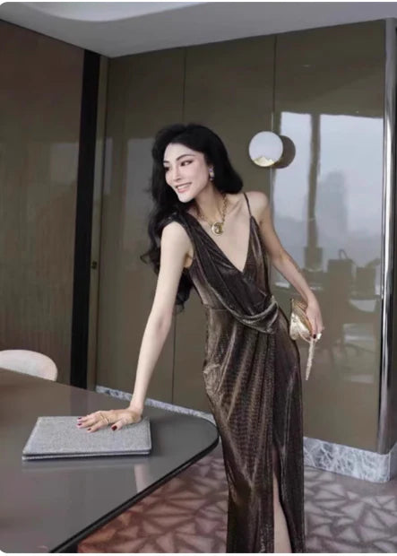 Fashionable Sheath V Neck Velvet Brown Long Evening Dress With Slit