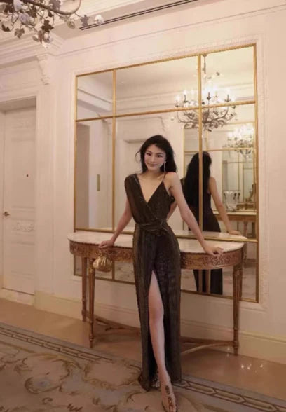 Fashionable Sheath V Neck Velvet Brown Long Evening Dress With Slit