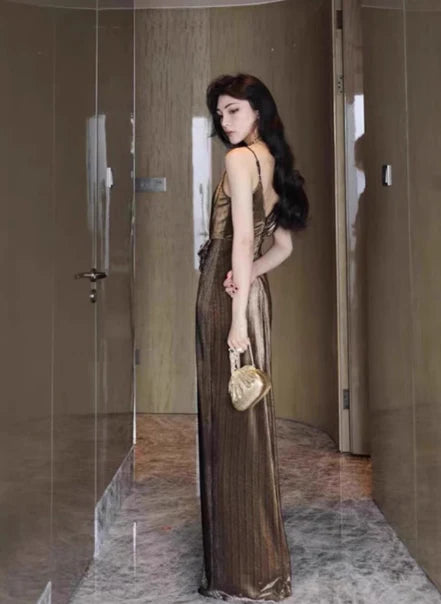 Fashionable Sheath V Neck Velvet Brown Long Evening Dress With Slit