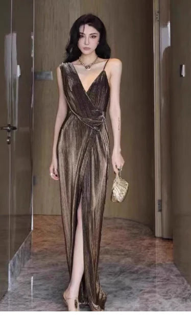 Fashionable Sheath V Neck Velvet Brown Long Evening Dress With Slit