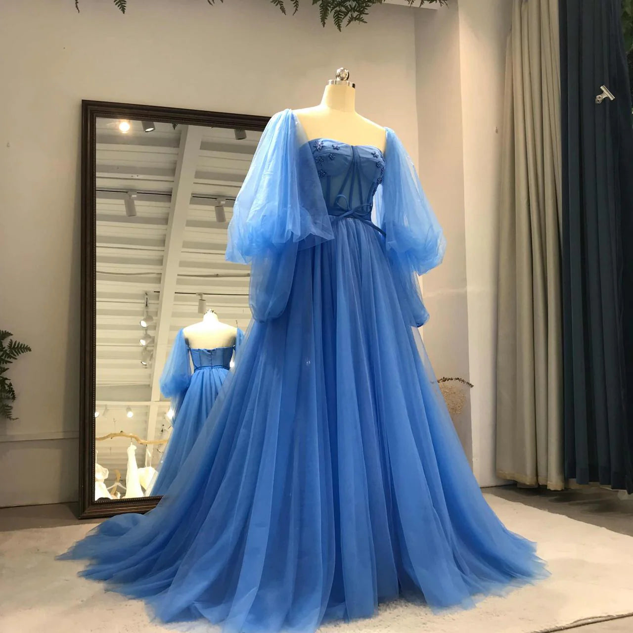 Fashionable Sweetheart Corset Tulle Blue Long Party Dress Prom Dress