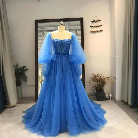 Fashionable Sweetheart Corset Tulle Blue Long Party Dress Prom Dress