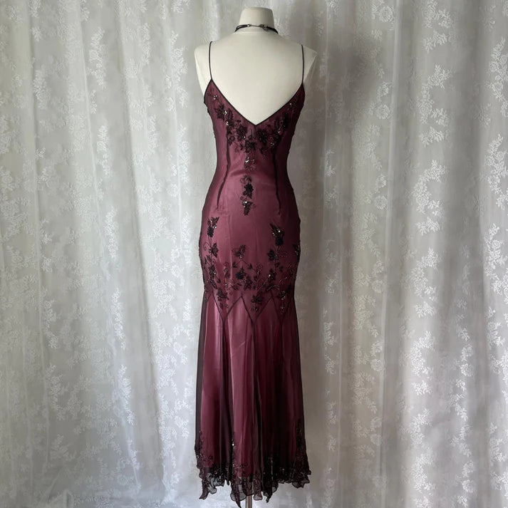 Fashionable V Neck Floral Beaded Chiffon Pink Brown Long Party Dress