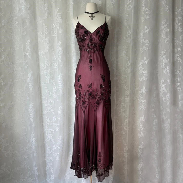 Fashionable V Neck Floral Beaded Chiffon Pink Brown Long Party Dress