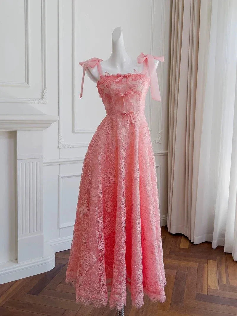 Feminine A-Line Square Neck Sleeveless Lace Coral Pink Maxi Prom Dress for Women Custom