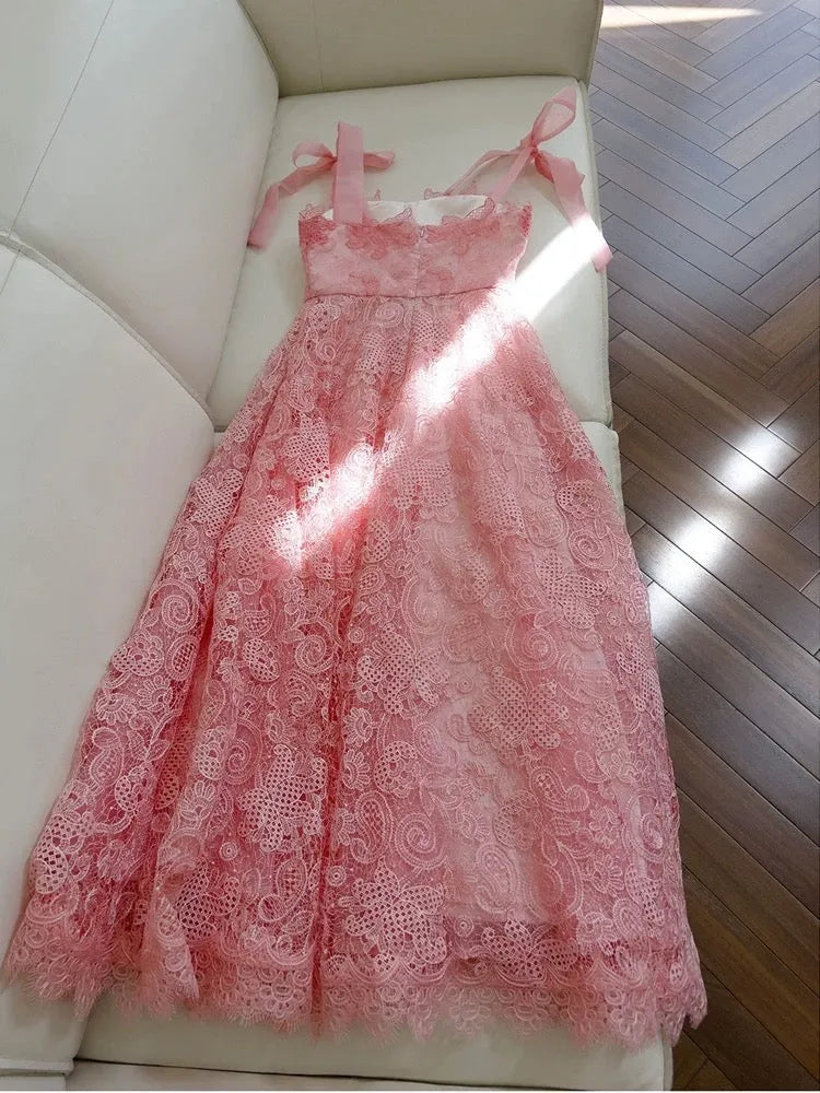 Feminine A-Line Square Neck Sleeveless Lace Coral Pink Maxi Prom Dress for Women Custom
