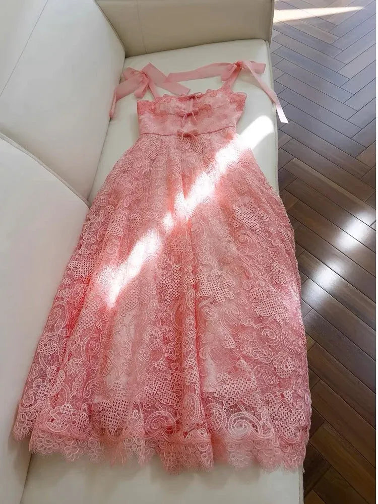 Feminine A-Line Square Neck Sleeveless Lace Coral Pink Maxi Prom Dress for Women Custom
