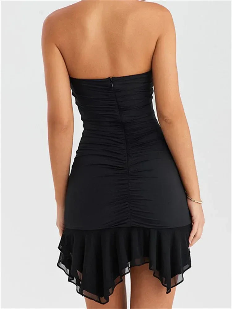 Flirty Mermaid Strapless Ruffled Ruched Black Mini Homecoming Dress For Ladies Custom
