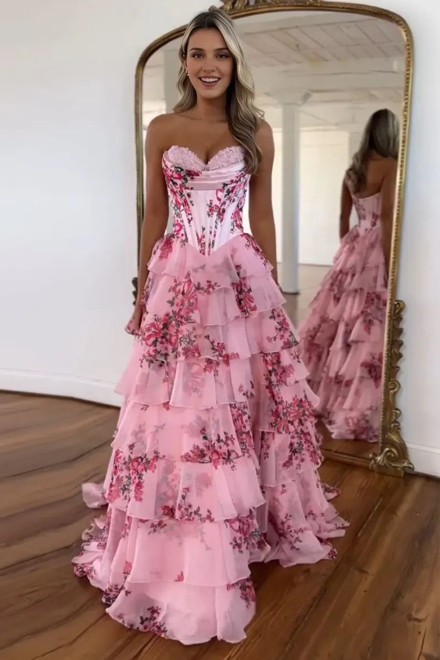 Xuewuba Formal Wear Dresses Blush Sweetheart A-Line Chiffon Floral Ruffled Long Corset Prom Dress with Slit Prom Dresses Stores ?