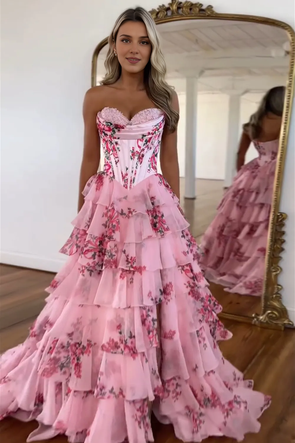 Xuewuba Formal Wear Dresses Blush Sweetheart A-Line Chiffon Floral Ruffled Long Corset Prom Dress with Slit Prom Dresses Stores ?