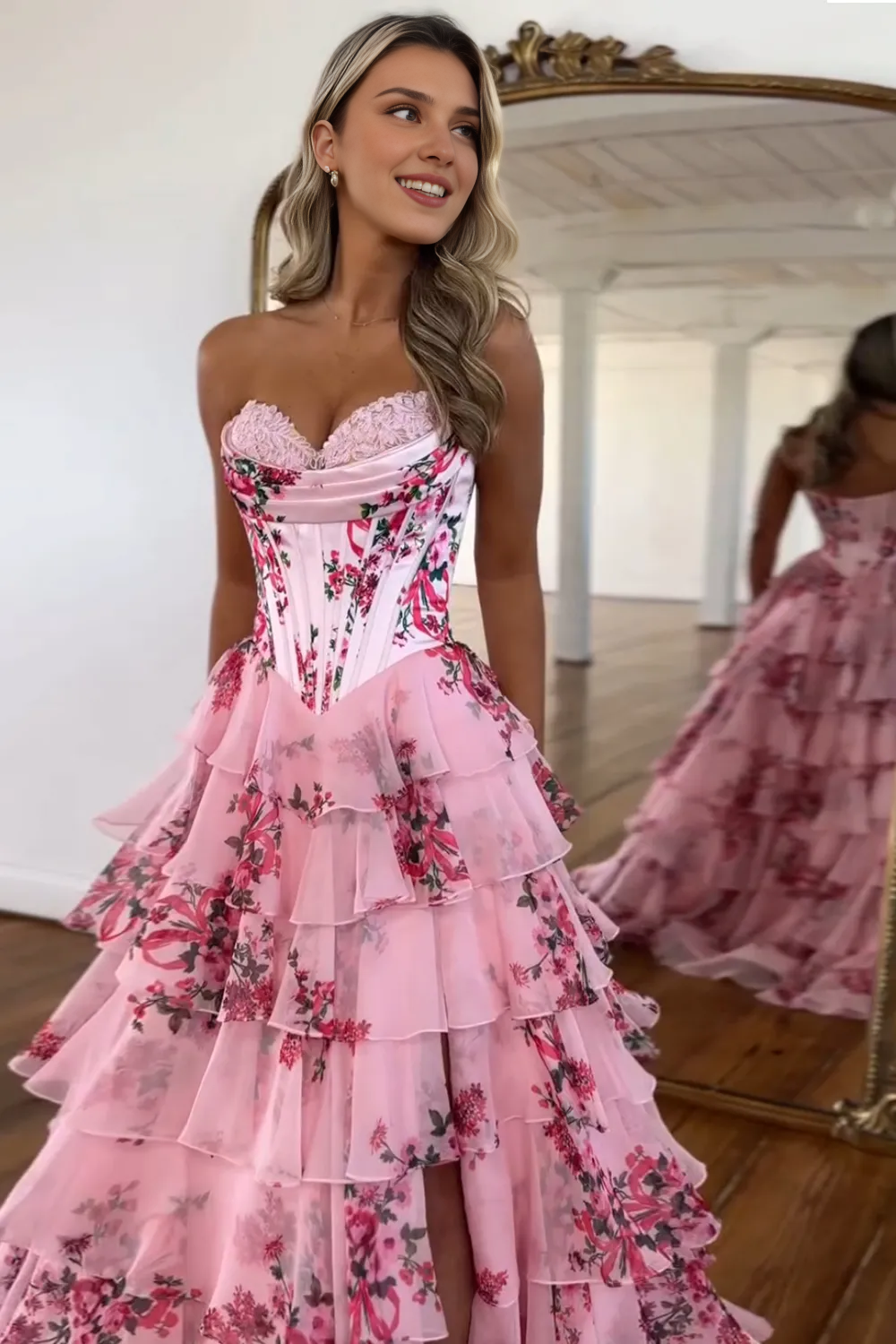 Xuewuba Formal Wear Dresses Blush Sweetheart A-Line Chiffon Floral Ruffled Long Corset Prom Dress with Slit Prom Dresses Stores ?