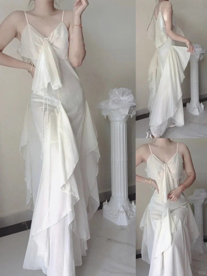 Flowing Mermaid V Neck Ruffle Chiffon Ivory Long Evening Dress Party Dress