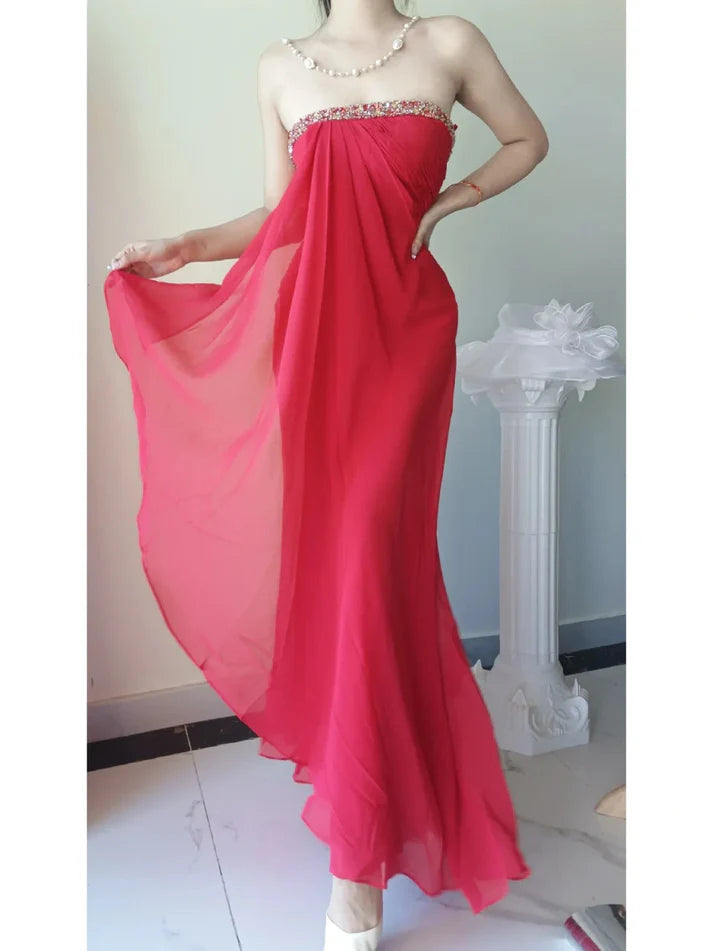 Flowing Strapless Beading Chiffon Pink Long Evening Dress Party Dress