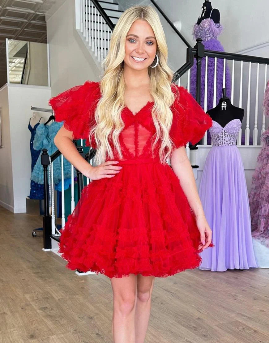 Fluffy A-Line Off The Shoulder Tulle Red Short Homecoming Party Dress