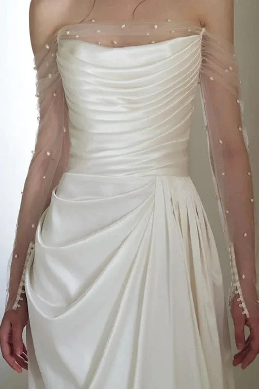 Forest Style A-Line Off-Shoulder Sheer-Sleeve Pearl Ruched White Floor-Length Prom Dress