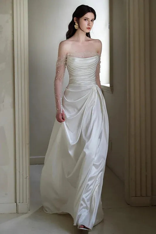 Forest Style A-Line Off-Shoulder Sheer-Sleeve Pearl Ruched White Floor-Length Prom Dress