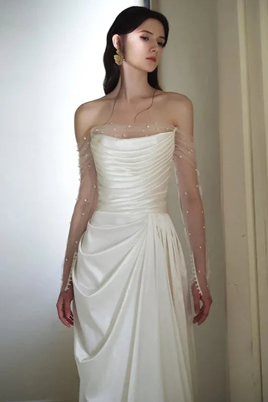 Forest Style A-Line Off-Shoulder Sheer-Sleeve Pearl Ruched White Floor-Length Prom Dress