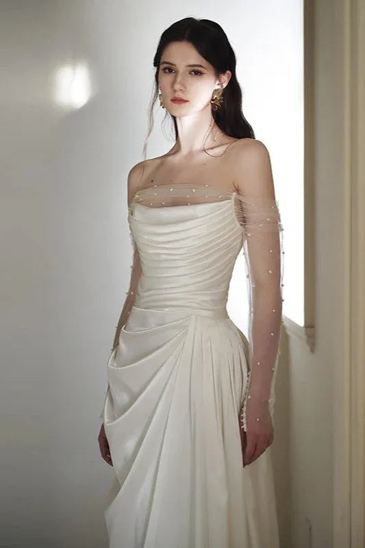 Forest Style A-Line Off-Shoulder Sheer-Sleeve Pearl Ruched White Floor-Length Prom Dress