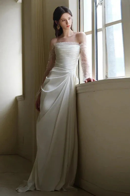 Forest Style A-Line Off-Shoulder Sheer-Sleeve Pearl Ruched White Floor-Length Prom Dress