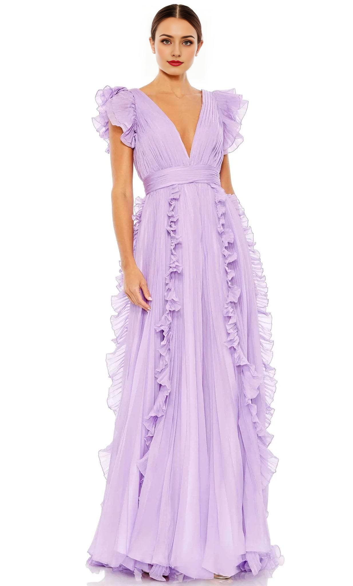 Formal Wear Dresses/ A-line Low V-Neck Ruffled Cap Sleeve V-Shape Back Prom Dress/ Evening Dresses For Women ?