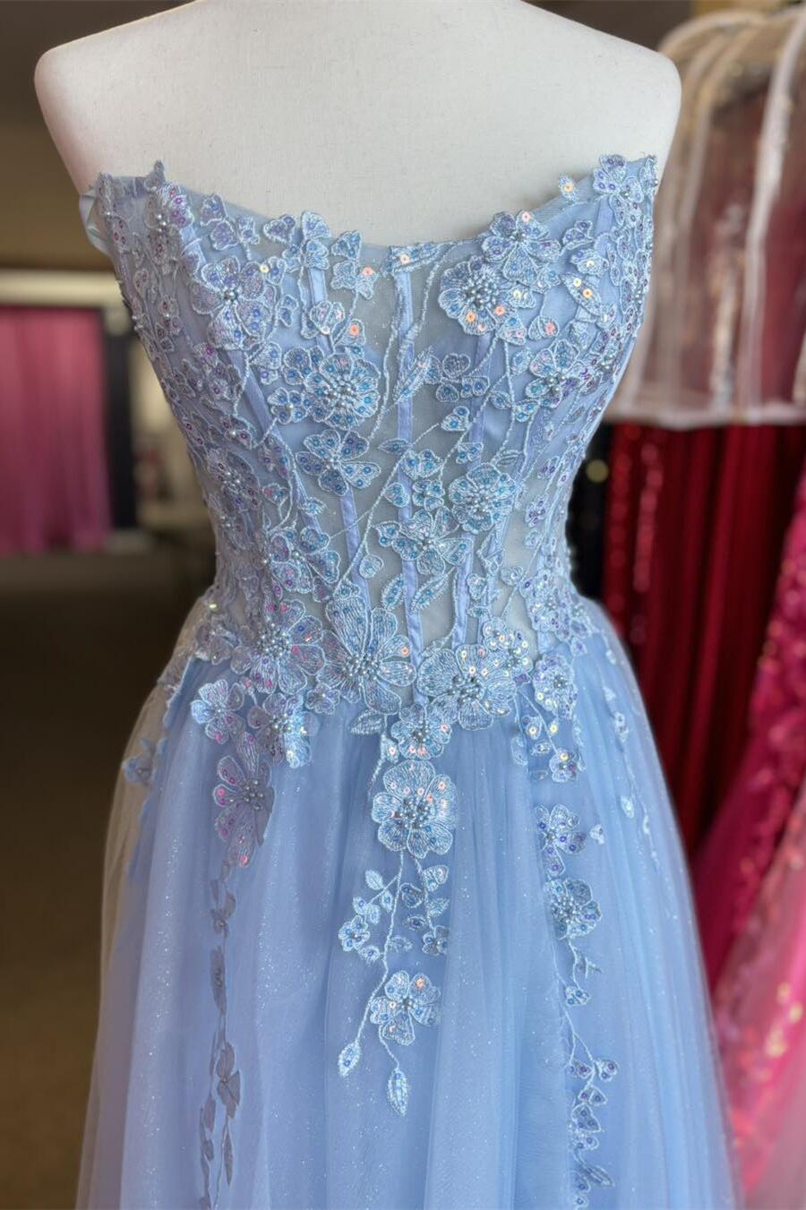 Formal Women's Dresses A-line Tulle Strapless Light Blue Appliques Long Dress Prom Dress Prom Dress In Store