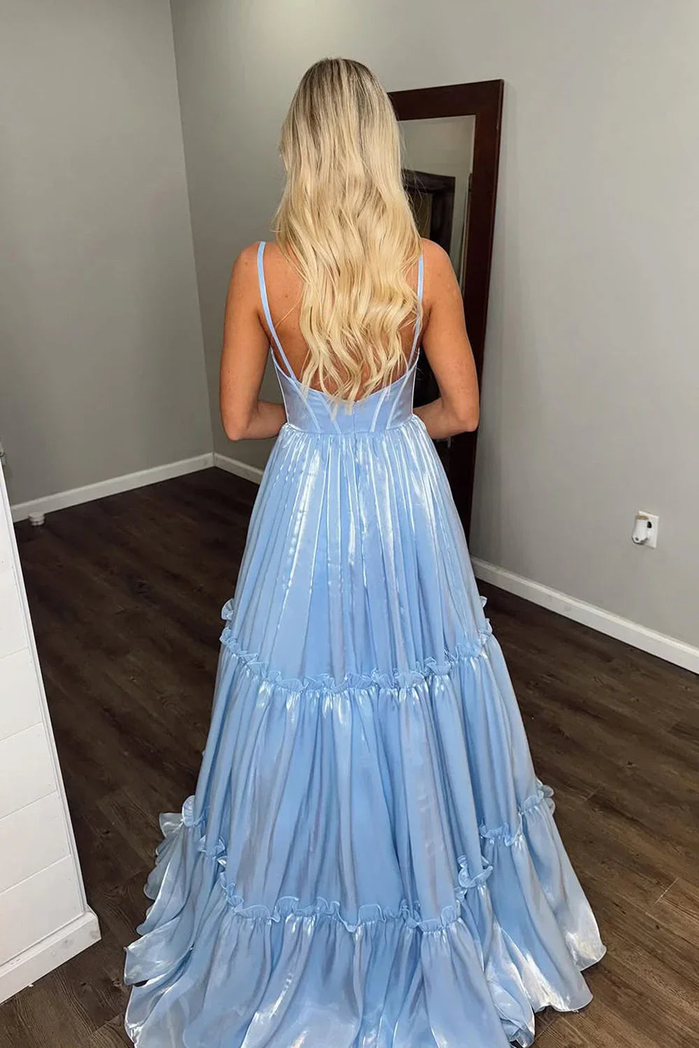 Formal Women's Dresses/Cute A Line V Neck Light Blue Glitter Long Prom Dresses Evening Dress/Dress For Formal