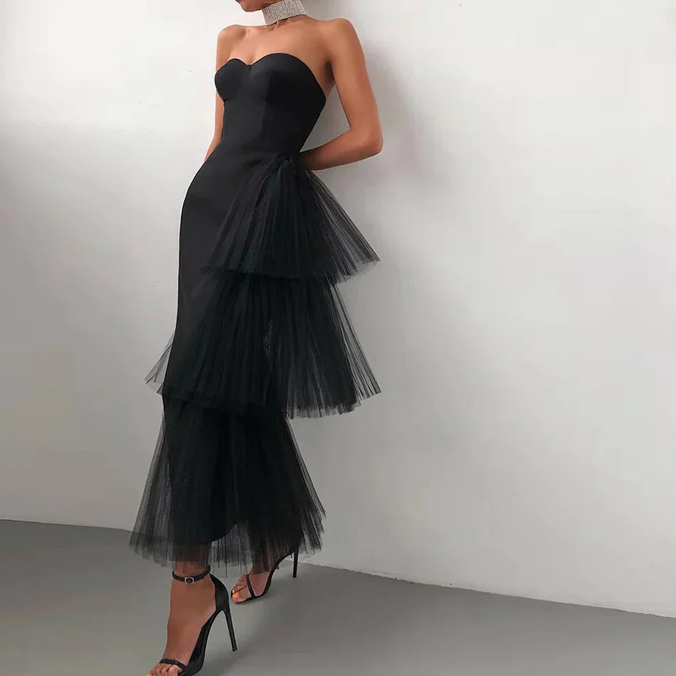 Formal Women's Dresses Sexy Satin Black Evening Dress Mermaid Strapless Tiered Off Shoulder Sleeveless Girl Formal Prom Dresses / Prom Dress In Store ?