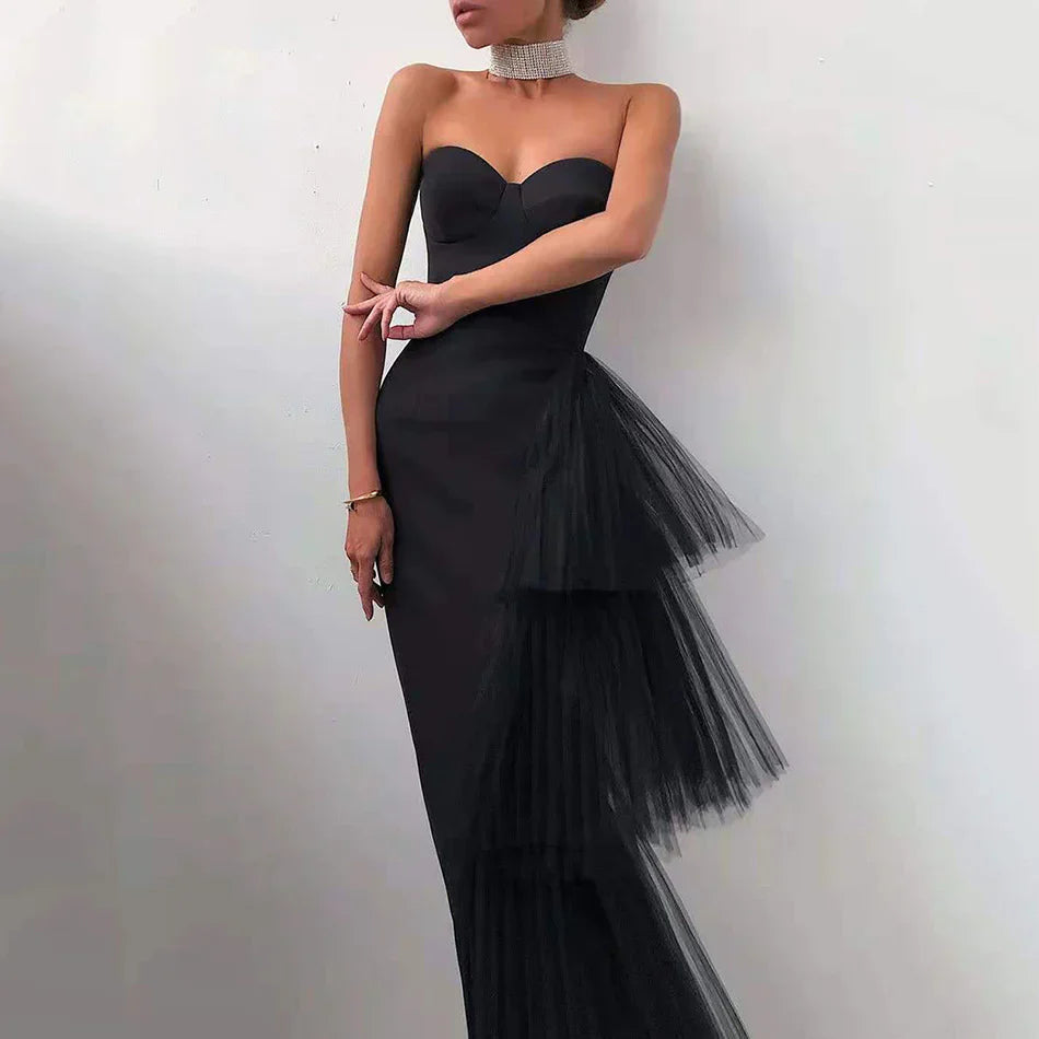 Formal Women's Dresses Sexy Satin Black Evening Dress Mermaid Strapless Tiered Off Shoulder Sleeveless Girl Formal Prom Dresses / Prom Dress In Store ?