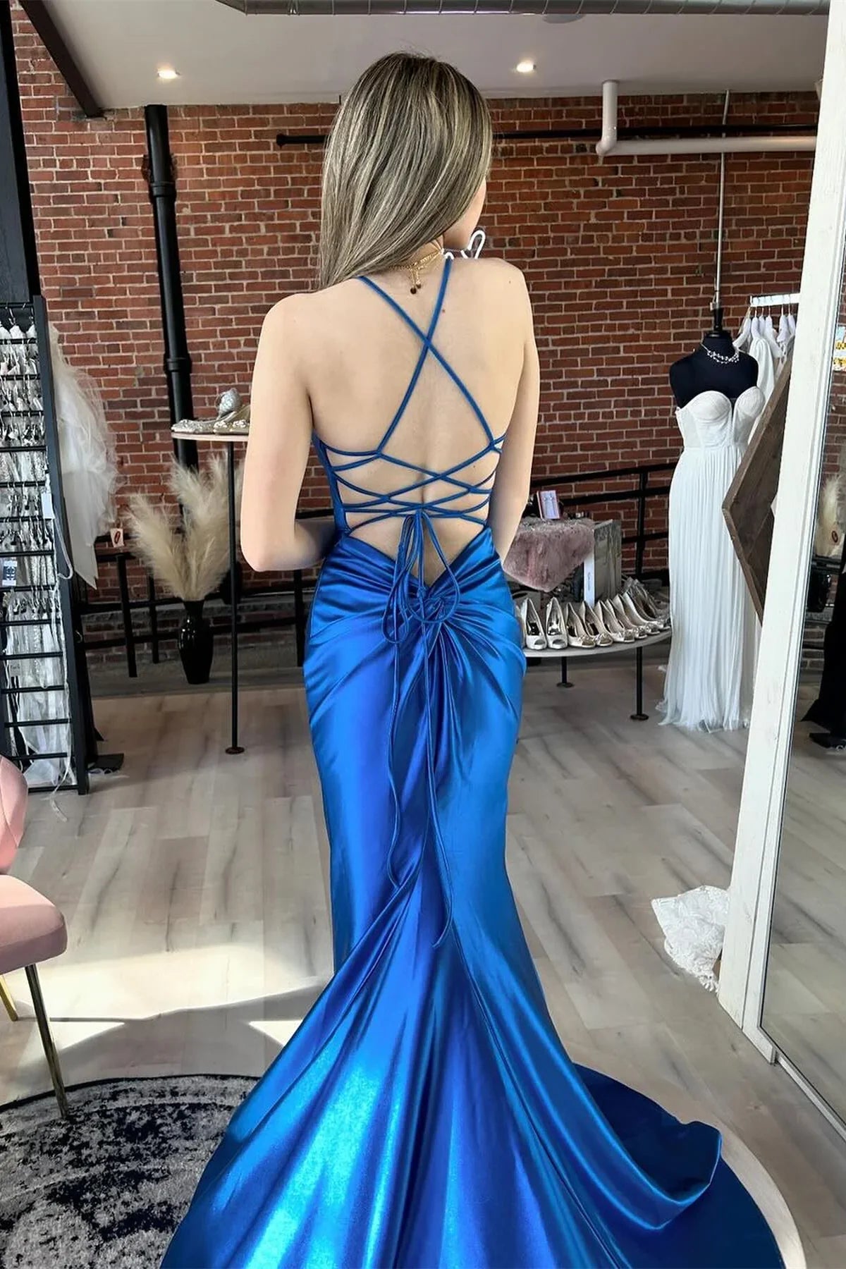 Formal Women's Dresses Spaghetti Straps Backless Lace Up Pink Mermaid Long with Slit Prom Dress Prom Dress In Store