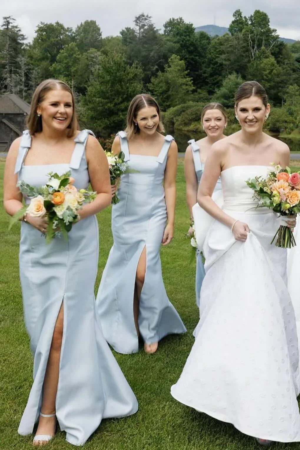 Formal Women's Dresses Square Neck Light Blue Satin Long Bridesmaid Dress with Slit Prom Dress In Store