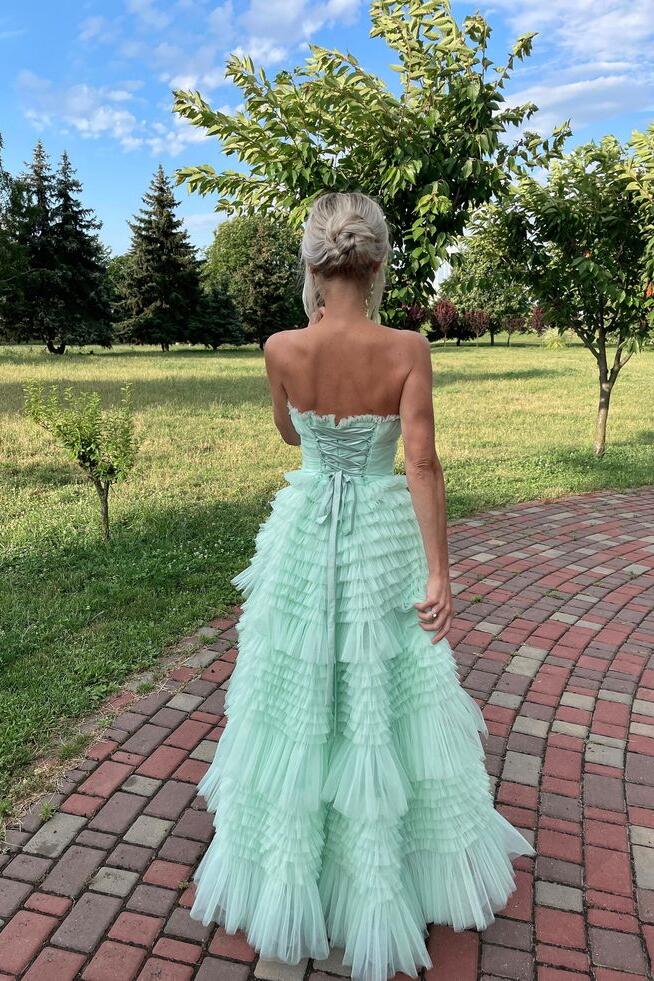 Formal Women's Dresses Strapless Mint Green High-low Tiered Ruffles Gown Prom Dress Prom Dress In Store