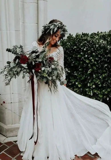 Formal Women's Dresses V-neck Two Piece Floor-length Sweep Brush Train 3-4 Length Sleeve Lace Wedding Dress With Illusion Back