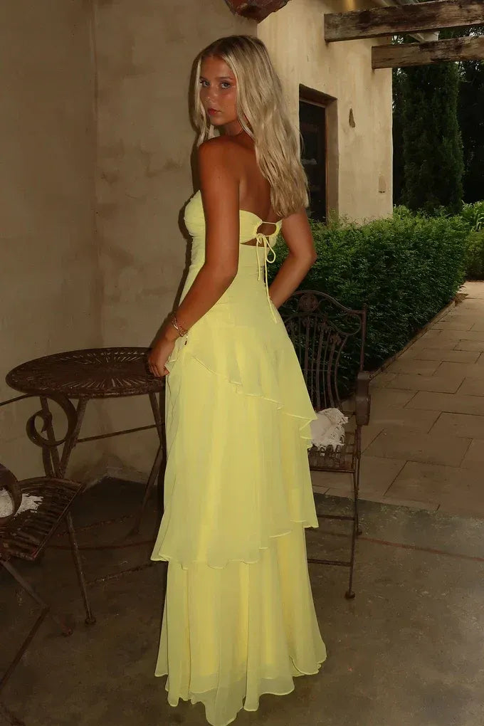 Fresh Chiffon Long Evening Dress Yellow Strapless Cutout Party Gown for Women