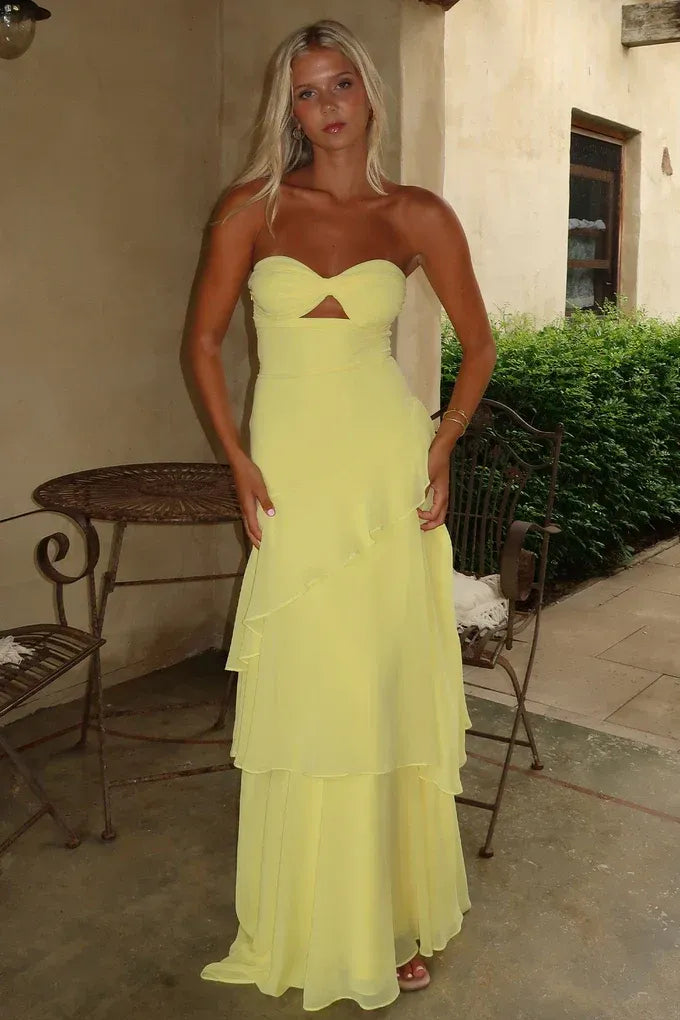 Fresh Chiffon Long Evening Dress Yellow Strapless Cutout Party Gown for Women