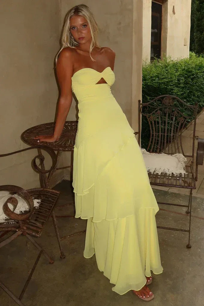Fresh Chiffon Long Evening Dress Yellow Strapless Cutout Party Gown for Women