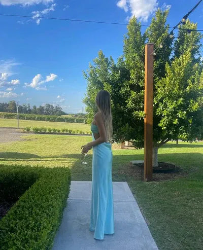 Fresh Satin Long Evening Dress Aqua Square-Neck Cutout Party Gown for Women
