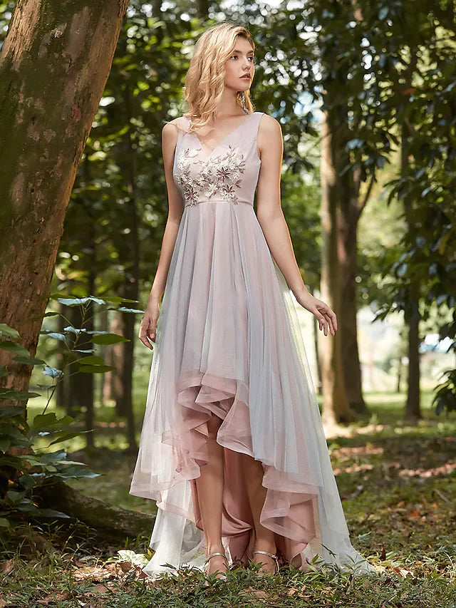 V Neck Asymmetrical Tulle Bridesmaid Dress with Appliques
