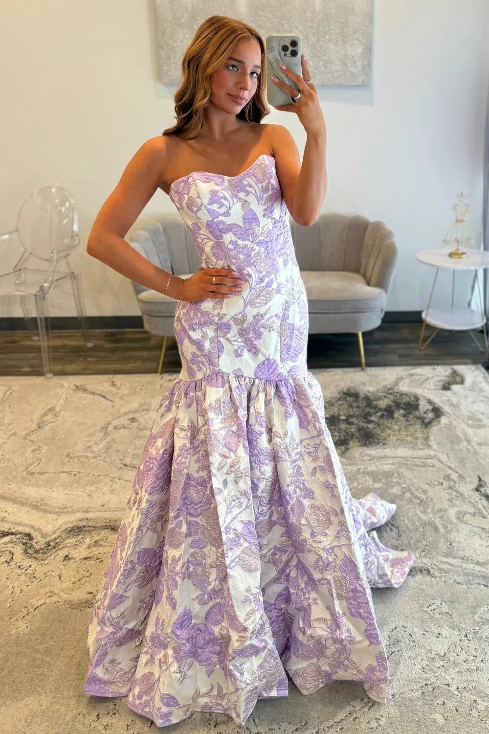 Gallant Mermaid Strapless Floral Jacquard Purple Prom Dress With Court Train