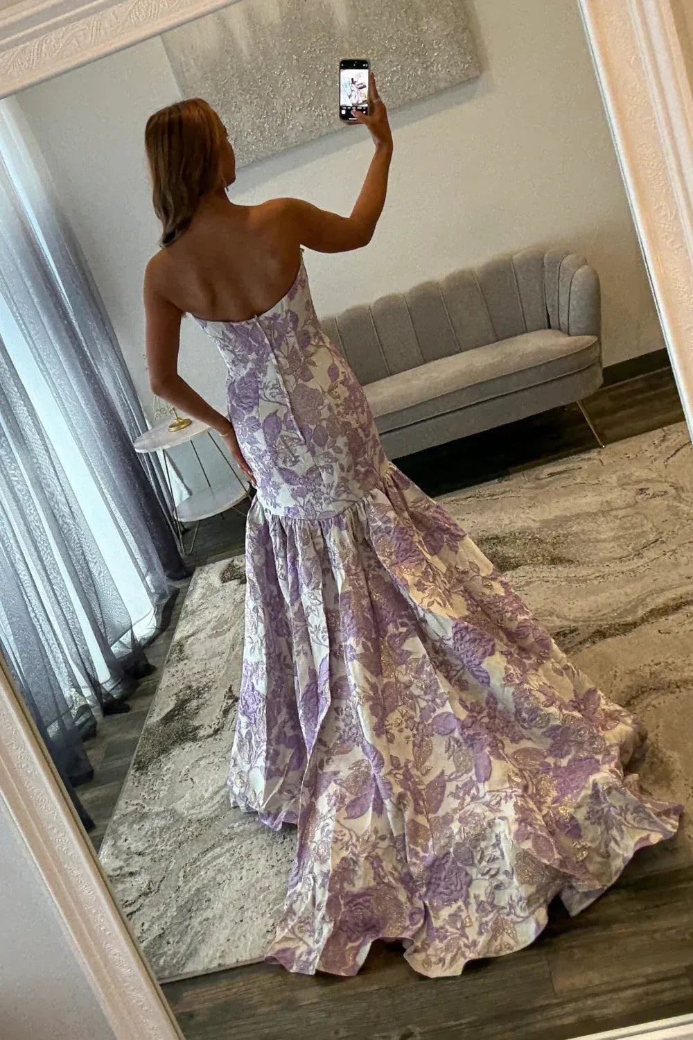 Gallant Mermaid Strapless Floral Jacquard Purple Prom Dress With Court Train