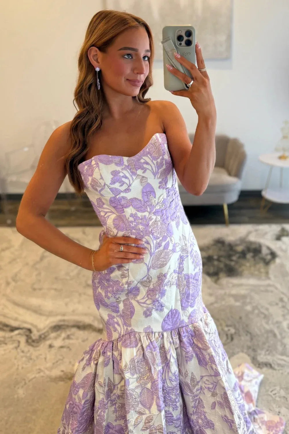 Gallant Mermaid Strapless Floral Jacquard Purple Prom Dress With Court Train