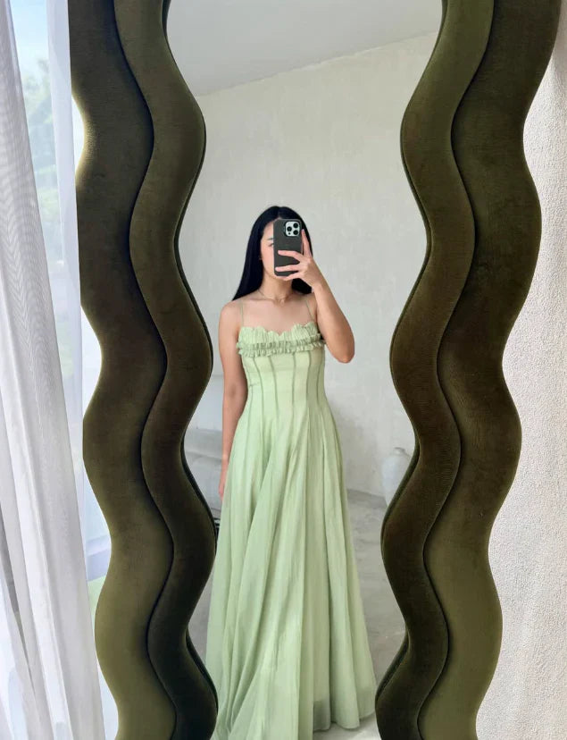 Gentle A Line Spaghetti Strap Sleeveless Zipper Up Floor-Length Prom Dresses
