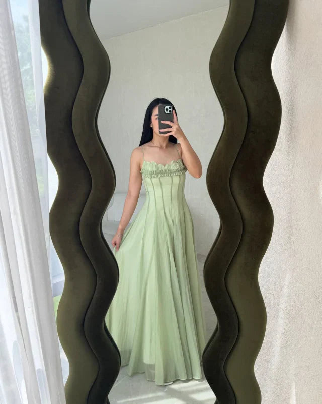 Gentle A Line Spaghetti Strap Sleeveless Zipper Up Floor-Length Prom Dresses