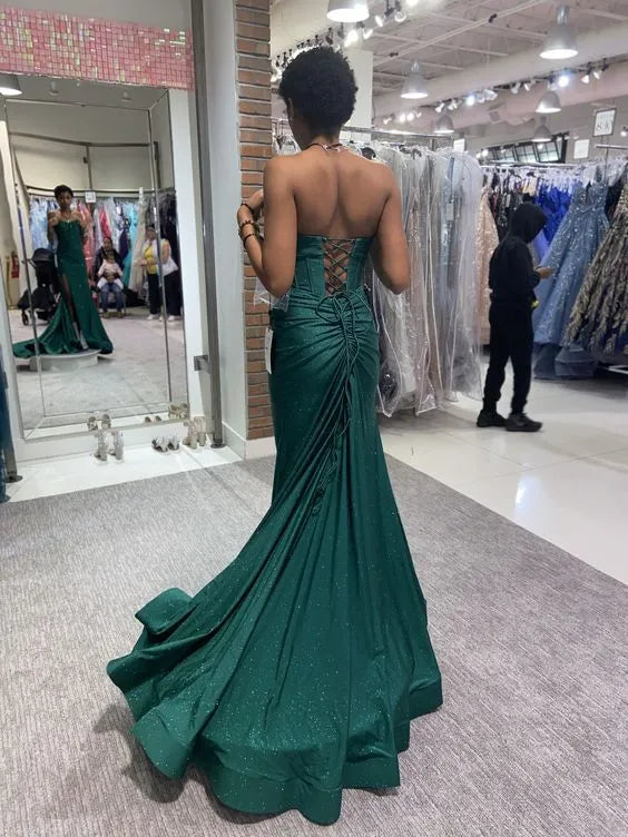 Glam Glitter Satin Long Evening Dress Emerald Strapless Lace-Up Back for Women