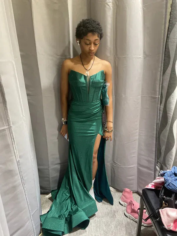 Glam Glitter Satin Long Evening Dress Emerald Strapless Lace-Up Back for Women