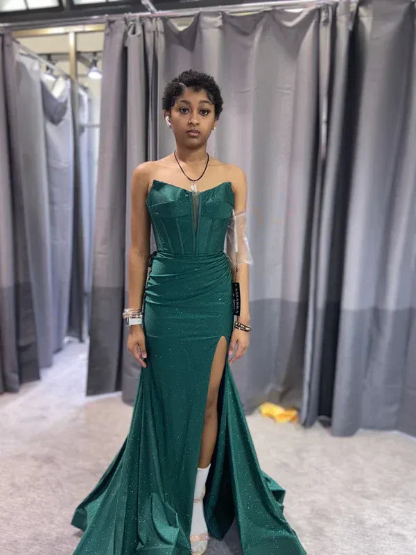 Glam Glitter Satin Long Evening Dress Emerald Strapless Lace-Up Back for Women