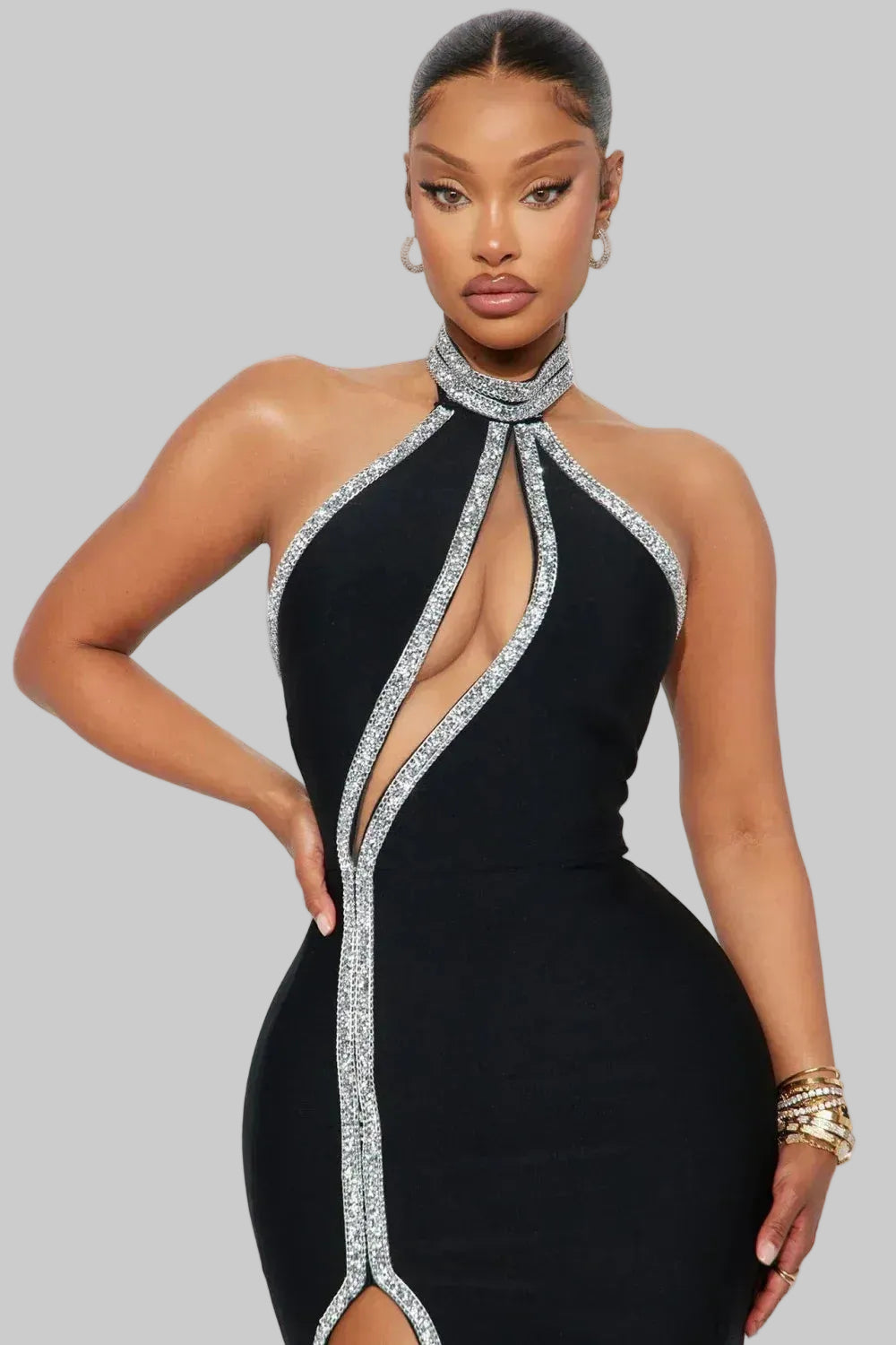 Glam Knit Long Evening Dress Black Halter-Neck Rhinestone-Trim for Women