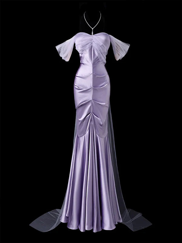 Glam Mermaid Off-the-shoulder Satin Lavender Long Prom Dresses Evening Dresses