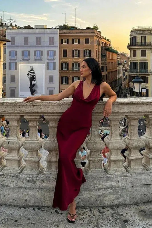 Glam Satin Long Evening Dress Burgundy Halter-Neck Open-Back for Women