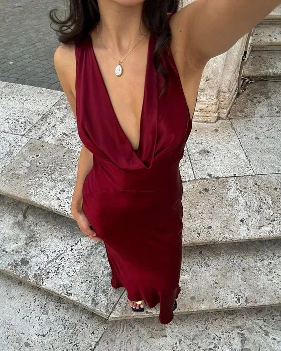 Glam Satin Long Evening Dress Burgundy Halter-Neck Open-Back for Women