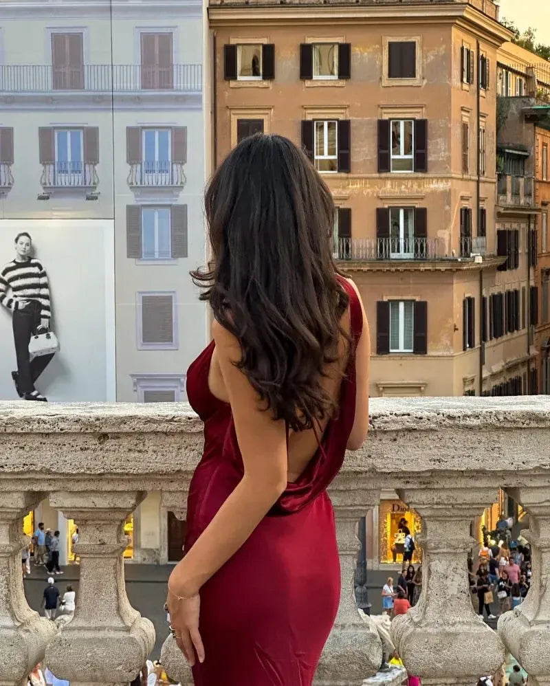 Glam Satin Long Evening Dress Burgundy Halter-Neck Open-Back for Women